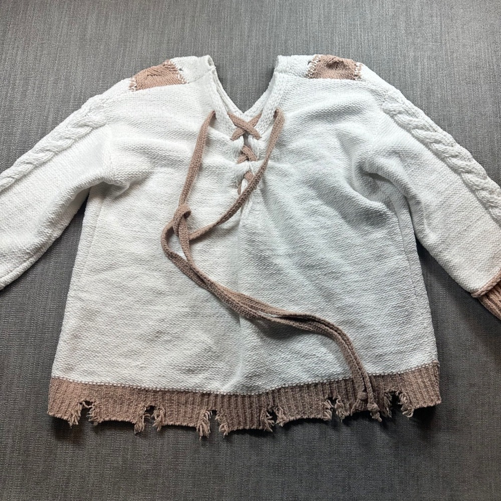 Pol Chenille Sweater Womens M White‎ Tan  Lace Up Distressed Boho